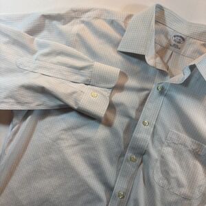 Brooks Brothers Dress Shirt Mens 17-34 White Blue Grid Slim Fit Supima Non-Iron